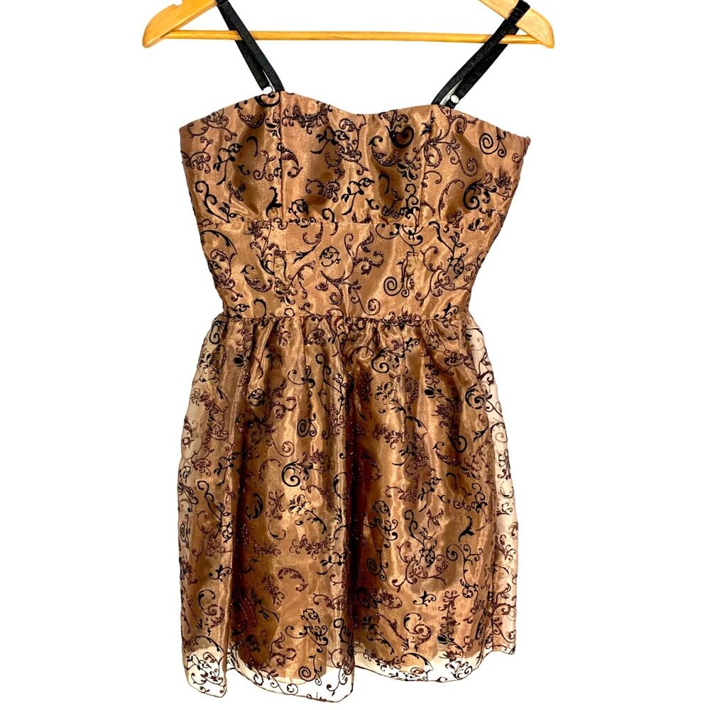 Chocolate Brown Fit & Flare Cocktail Dress Glitter Floral Adjustable Straps